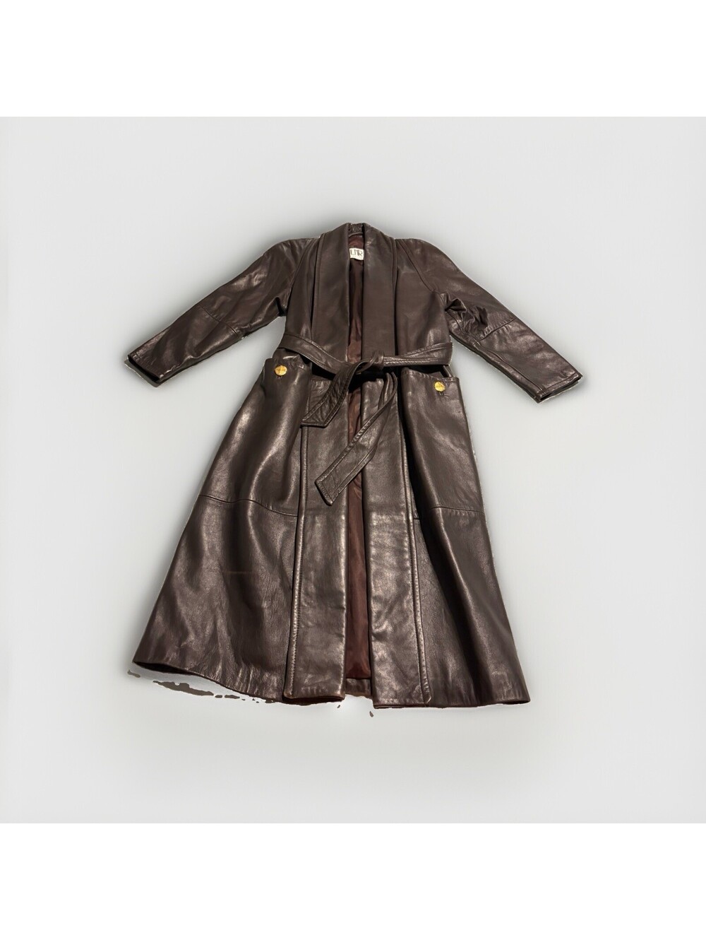 Vintage 90s LNR petites Leather Trench Coat M Dark Brown Belted Open Front
